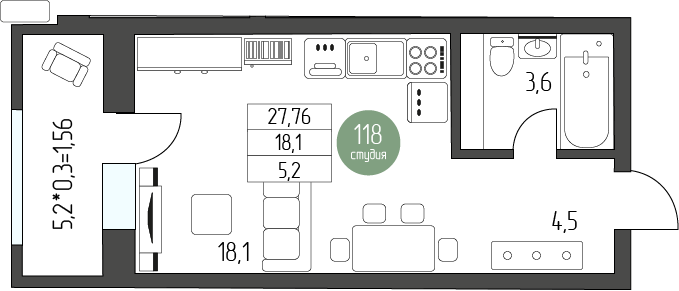 31,4 м², квартира-студия 4 580 401 ₽ - изображение 1