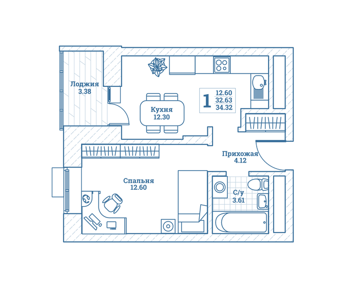 34,3 м², 1-комнатная квартира 4 204 200 ₽ - изображение 1