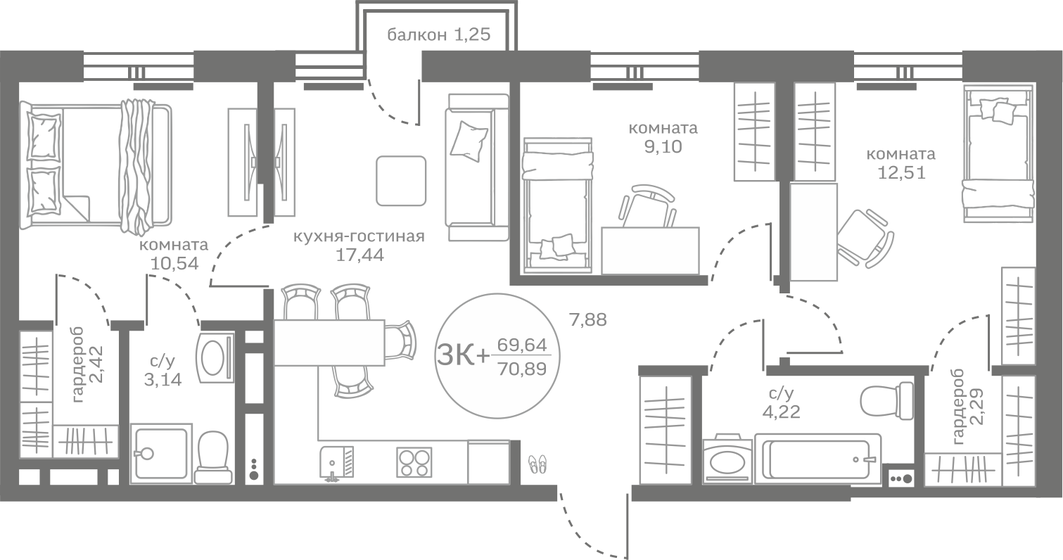 69,6 м², 3-комнатная квартира 7 140 000 ₽ - изображение 1