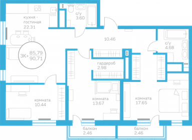 Квартира 85,8 м², 3-комнатная - изображение 1