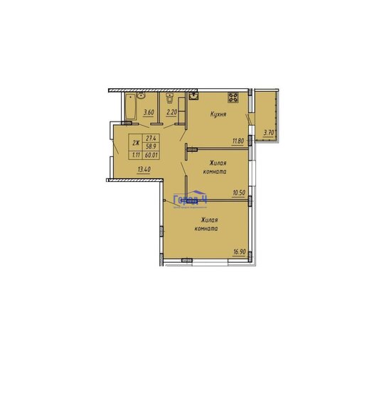 60 м², 2-комнатная квартира 4 798 400 ₽ - изображение 1