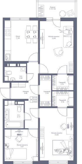 78 м², 3-комнатная квартира 9 285 570 ₽ - изображение 1