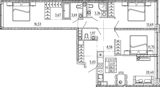 Квартира 88,7 м², 3-комнатная - изображение 1