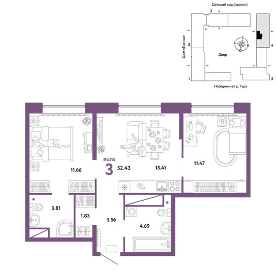 52,4 м², 3-комнатная квартира 9 370 000 ₽ - изображение 1