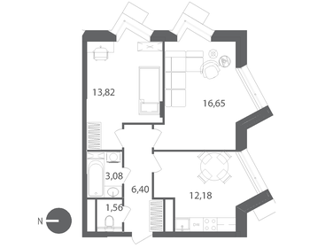 Квартира 53,7 м², 2-комнатная - изображение 1