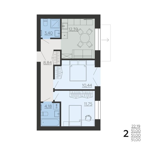 51 м², 2-комнатная квартира 4 743 000 ₽ - изображение 1