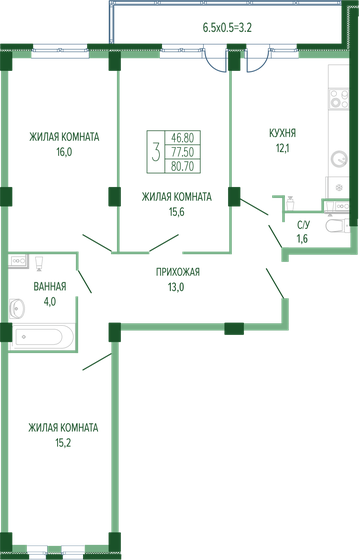 80,7 м², 3-комнатная квартира 18 286 620 ₽ - изображение 1