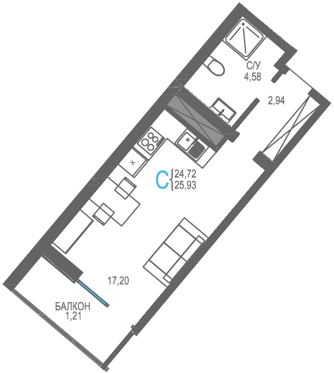 25,9 м², квартира-студия 8 297 600 ₽ - изображение 1