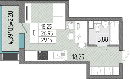 Квартира 29,2 м², студия - изображение 1