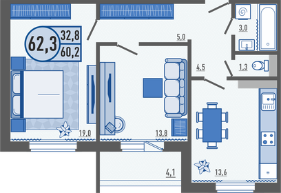 Квартира 62,6 м², 2-комнатная - изображение 1