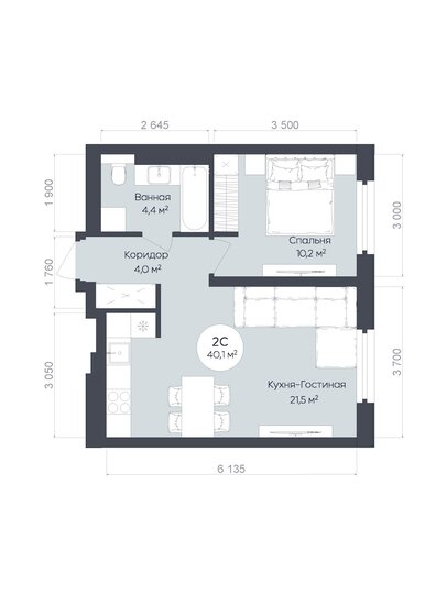 40 м², 2-комнатная квартира 6 696 000 ₽ - изображение 1