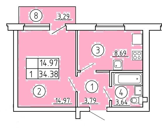 34,4 м², 1-комнатная квартира 2 981 000 ₽ - изображение 1