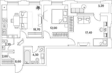 Квартира 68 м², 2-комнатная - изображение 1