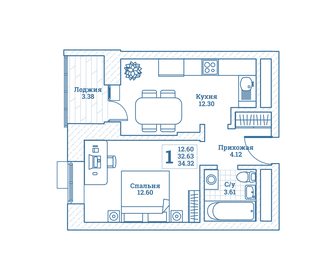 Квартира 34,3 м², 1-комнатная - изображение 1