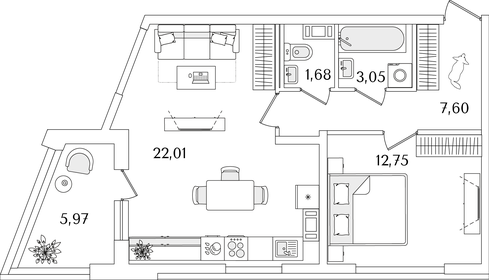 Квартира 50,1 м², 1-комнатная - изображение 1