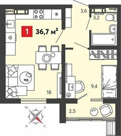 Квартира 36,7 м², 1-комнатная - изображение 1