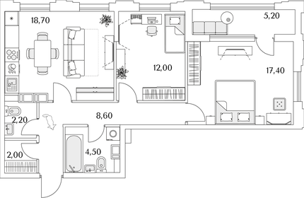 Квартира 68 м², 2-комнатная - изображение 1