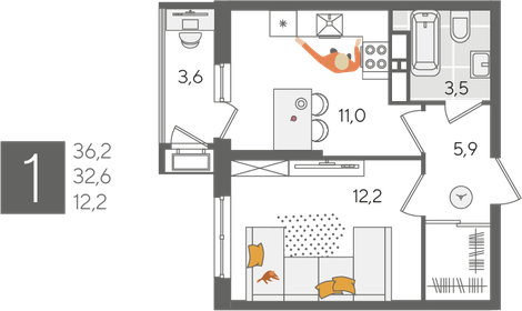 36 м², 1-комнатная квартира 4 800 000 ₽ - изображение 22