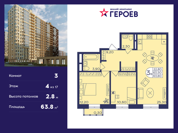 63,8 м², 3-комнатная квартира 10 909 800 ₽ - изображение 13