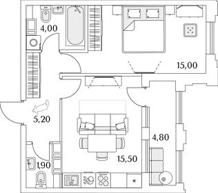 Квартира 44 м², 1-комнатная - изображение 1