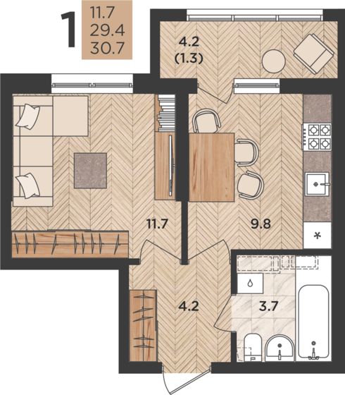 30,7 м², 1-комнатная квартира 5 710 200 ₽ - изображение 1