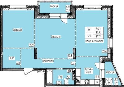 Квартира 87,7 м², 3-комнатная - изображение 1