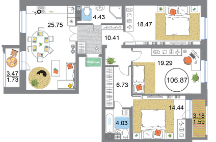 Квартира 106,9 м², 3-комнатная - изображение 1