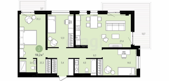 Квартира 115 м², 3-комнатная - изображение 3