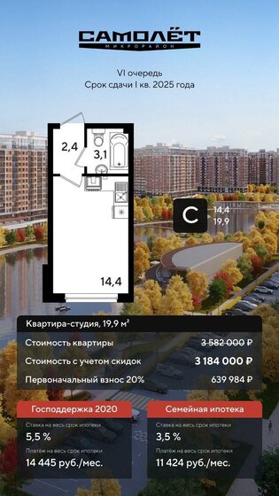 19,9 м², квартира-студия 3 184 000 ₽ - изображение 1