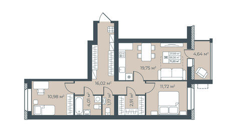 Квартира 71,2 м², 3-комнатная - изображение 1