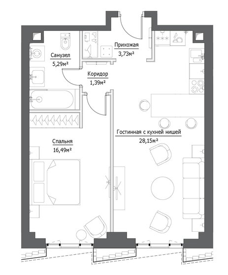 54,9 м², 1-комнатная квартира 27 000 000 ₽ - изображение 1