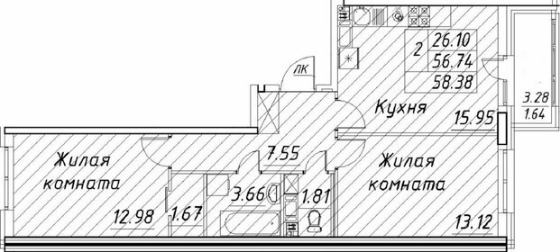 Квартира 58,4 м², 2-комнатная - изображение 1