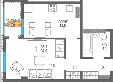 Квартира 37 м², 1-комнатная - изображение 4