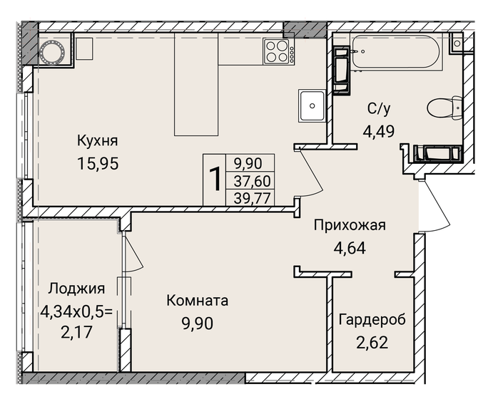 39,8 м², 1-комнатная квартира 7 500 000 ₽ - изображение 1