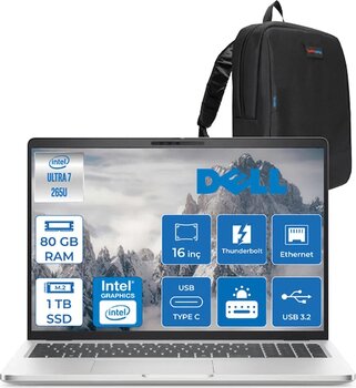 Dell Pro 16 Plus Ultra Core 7 265u 80gb Ddr5 1tb Ssd Intel Graphics 16" Fhd+ 300nit Windows 11 Pro Taşınabilir Bilgisayar U7265u165uh22 + Zettaçanta