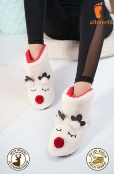Albishoes Kız Çocuk Geyik Figürlü Ev Botu Panduf Çocuk Peluş Rahat Sessiz Kaymaz Taban Ev Ayakkabısı - Krem - 26 - 27