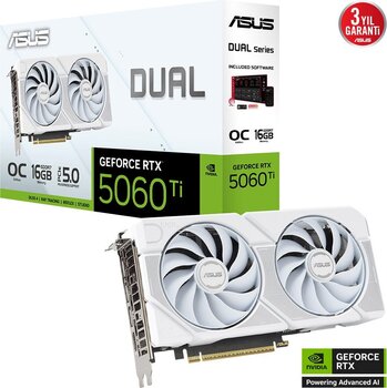 ASUS GeForce RTX 5060 Ti 16GB OC DUAL-RTX5060TI-O16G-WHITE GDDR7 128Bit Gaming (Oyuncu) Ekran Kartı