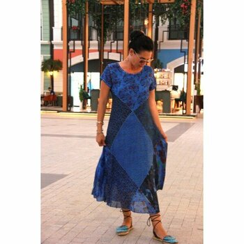 Bohemian Ay Kol Patchwork Naturel Mavi Yazlık Kısa Kol M Elbise