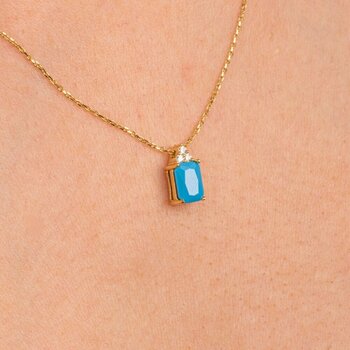 Altın Kolye - Baget Tasarım Firuze Turkuaz Taşlı 14 Ayar Altın Kolye Altın 43 Cm