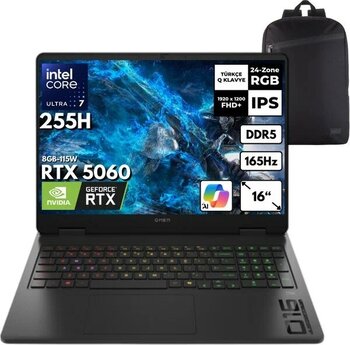 HP Omen 16-AM0018NT Ultra 7-255H 48 GB DDR5 1 TB SSD RTX 5060 8 GB 115 W 16 inç 165 Hz Windows 11 Home Dizüstü Bilgisayar BQ1Z1EAHMF34