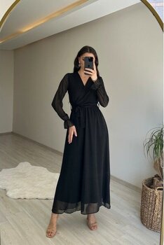 Neşeli Butik Kadın Uzun Kollu Kuşaklı Maxi Şifon Elbise NM001 - Siyah - M