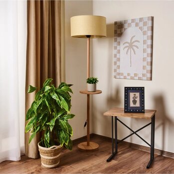 Evidea Lighting Oval Sehpalı Ahşap Lambader - Natürel / Krem - 150x40x40 cm