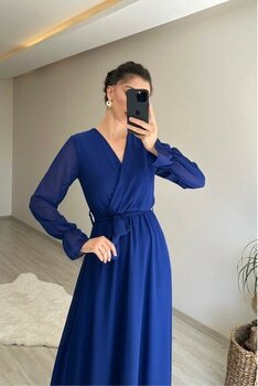 Neşeli Butik Kadın Uzun Kollu Kuşaklı Maxi Şifon Elbise NM001 - M - Saks