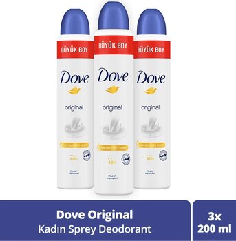 Dove Kadın Sprey Deodorant Original 1/4 Nemlendirici Krem Etkili Büyük Boy 200 ml X3 Adet