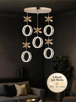 Zero Model 5"Li Kristal Taşlı Gold 3 Renk Modu Ledli Salon Mutfak Oturma Odası Sarkıt Led Avize