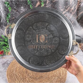 DMT COPPER HOME 430 Kalite Krom Çelik Kulplu Tepsi 35 cm – Osmanlı Motifli, Kebap & Restoran Sunum Tepsisi