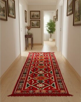 Etnik Motifli Otantik Dekoratif Kilim Desenli Halı M4 - Kırmızı - Siyah - Yeşil - Sarı - 80 x 300 cm
