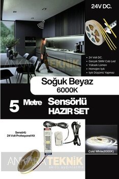 Mutfak Tezgah Altı Cob Şerit LED Hareket Sensörlü 24 Volt 5 Metre 6000K Soğuk Beyaz - 5 m