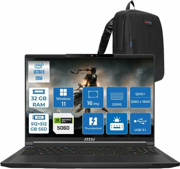 Msı Stealth 16 Aı A2hwfg-062tr Intel Core Ultra 9-285h Aı 32gb 512gb Ssd+512gb 8gb/Rtx5060 95w 16″ 16:10 Qhd+ (2560 X 1600) Oled, 240hz Windows11pro Gaming Laptop Z062trp10+Zettaçanta