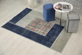 Madalyon Patchwork El Dokuma Antik Anadolu Halısı Blue Window Mavi Halı